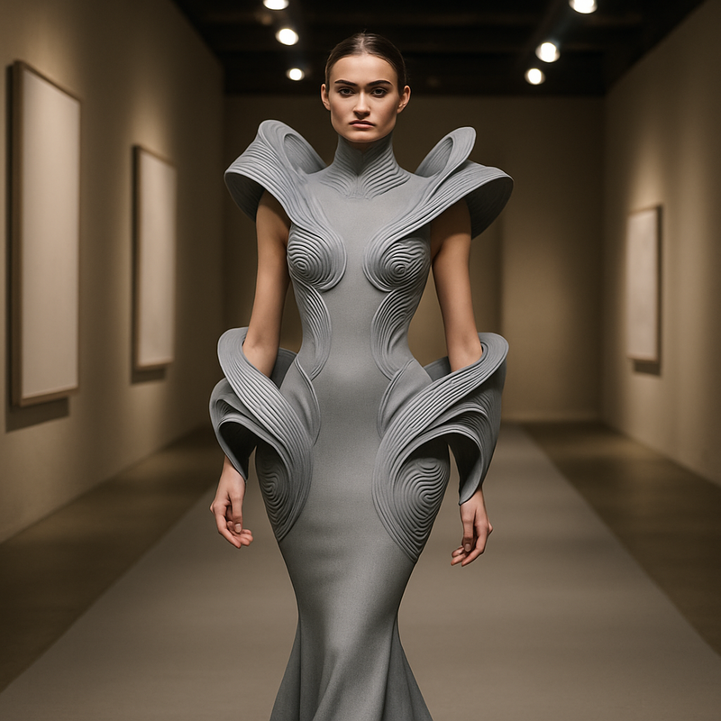 Futuristische sculpturale haute couture jurk op een galerie-achtige catwalk