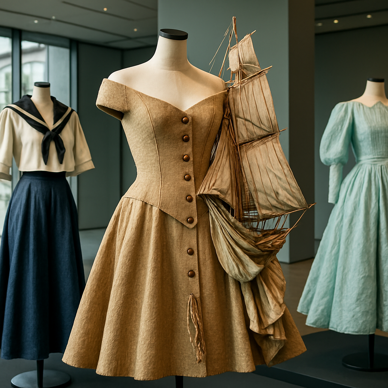 Moderne tentoonstelling met duurzame haute couture geïnspireerd door maritieme cultuur, in een strak museuminterieur