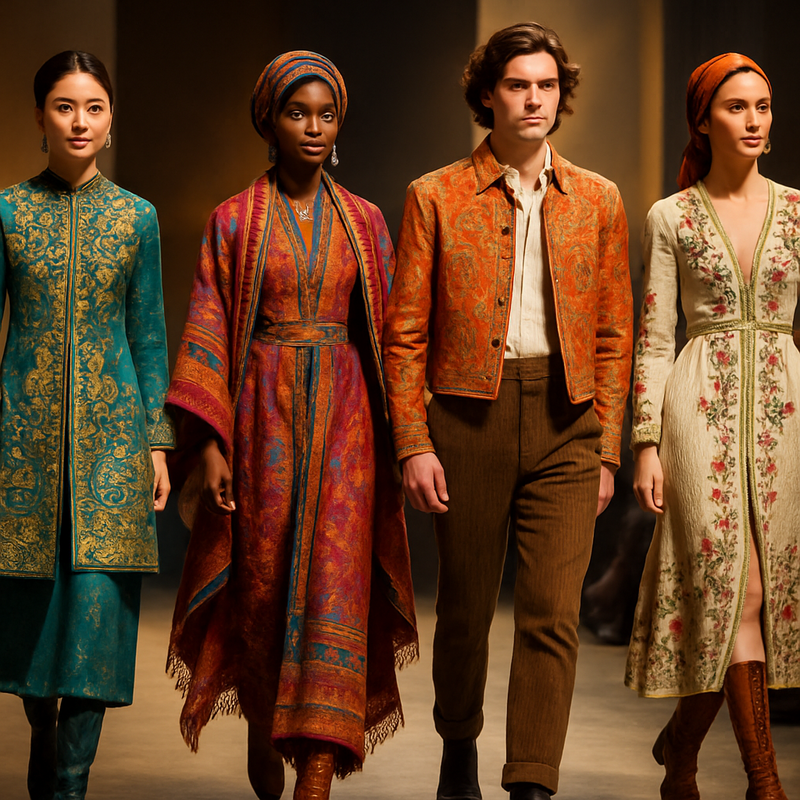 Modellen op de catwalk in hoogwaardige haute couture geïnspireerd door culturele tradities en ambacht voor lente/zomer 2026.