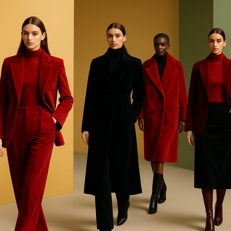 Modellen in ribfluweel en corduroy outfits in rood, zwart en botergeel op de catwalk herfst/winter 2025-2026.