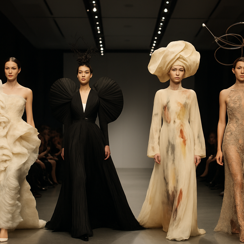 Haute couture runway met avant-garde modeontwerpen die kunst en ambacht combineren.