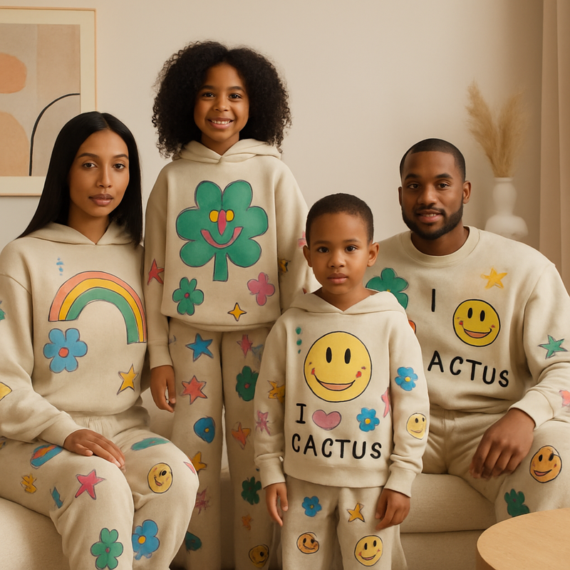 Familie gekleed in SKIMS x CPFM loungesets met speelse prints en zachte pastelkleuren.