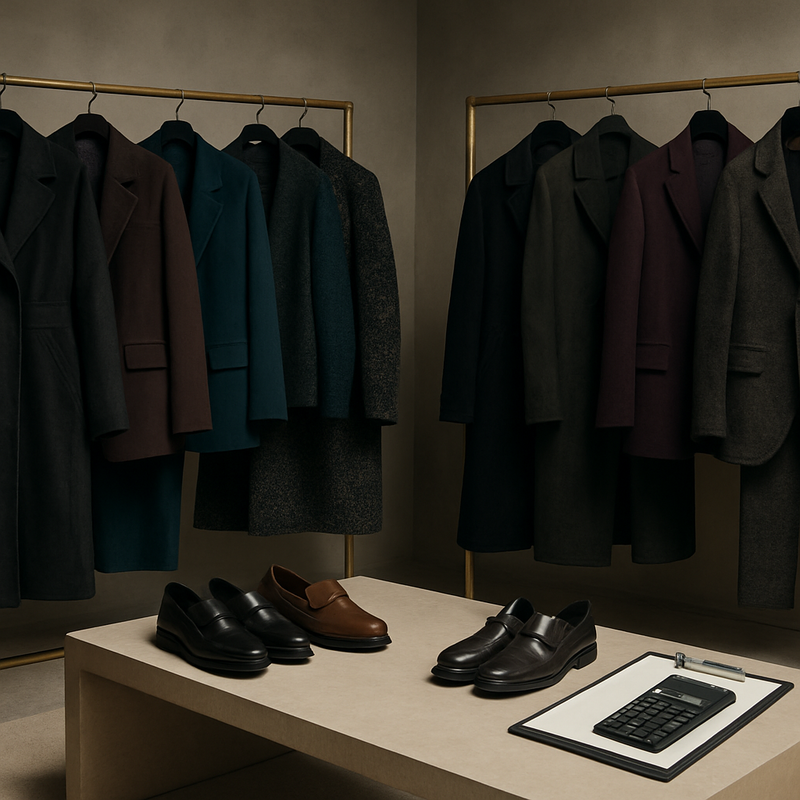 Luxueuze herfst/winter 2026/27 mode collectie in showroom met nadruk op architecturale tailoring en hoogwaardige stoffen.