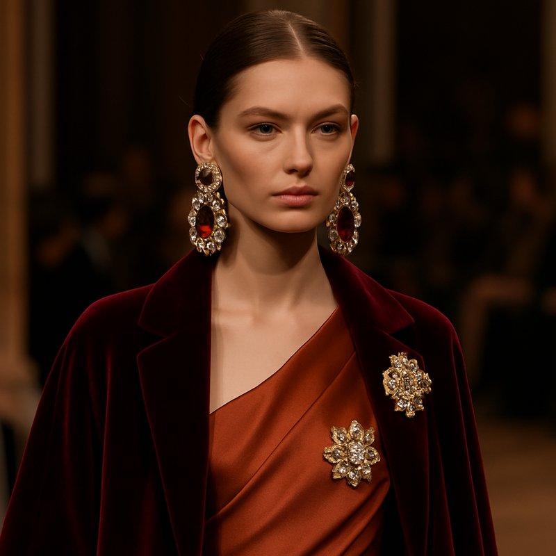 Model op catwalk met grote statement oorbellen en broche in luxueuze herfst-winter kleuren