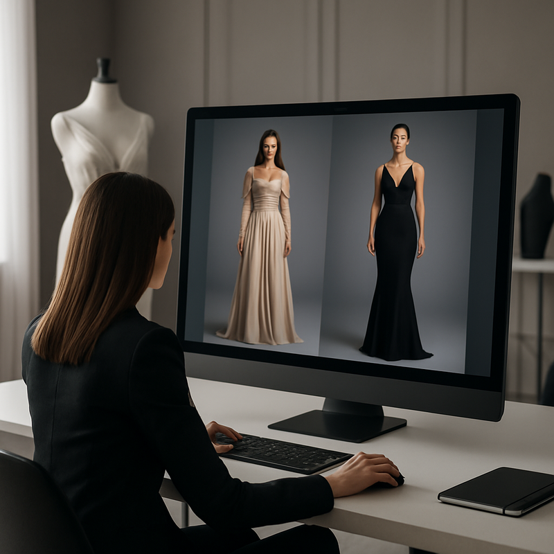 Moderne AI-mode studio met virtuele modellen en digitale kledingshots