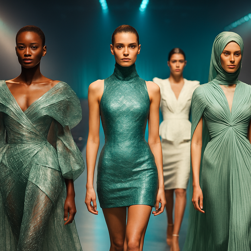 Haute couture modellen op een catwalk met duurzame en futuristische outfits onder sfeerverlichting