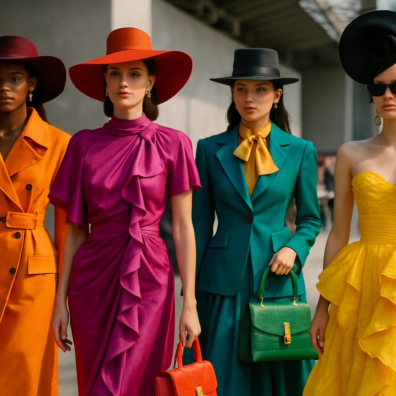 Diverse modellen op een luxe modeshow in kleurrijke, creatieve haute couture outfits met opvallende accessoires