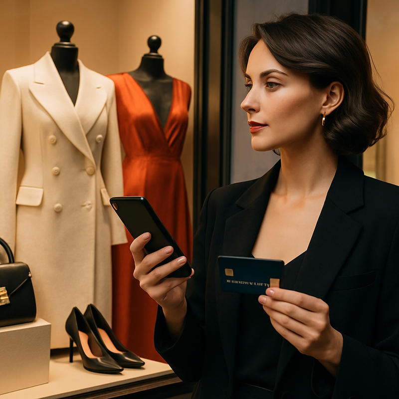 Vrouw met creditcard bij high-end modewinkel vol luxe kleding en accessoires