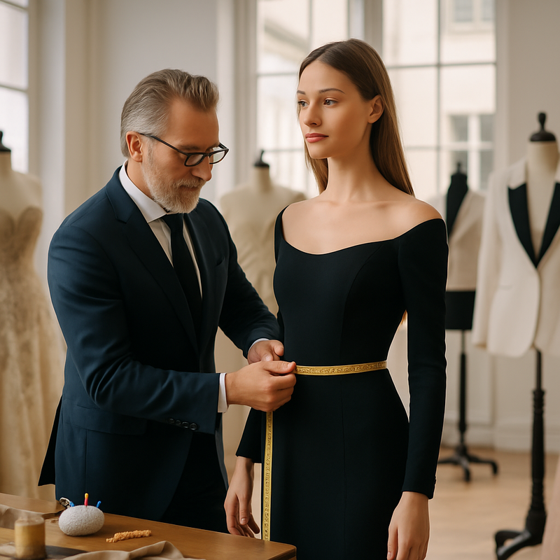 Een kleermaker die een klant meet in een haute couture atelier met elegante gepersonaliseerde kleding.