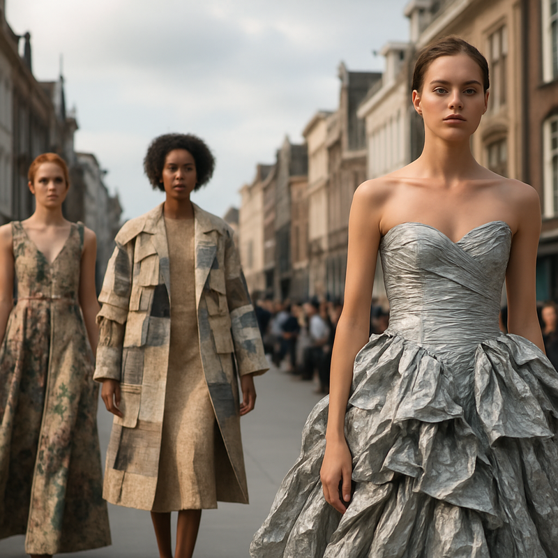 Modellen lopen op een catwalk met duurzame haute couture kleding in een Nederlandse stadsomgeving