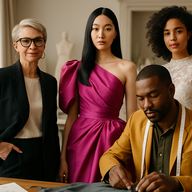 Diverse groep modeontwerpers en modellen in een luxe haute couture atelier