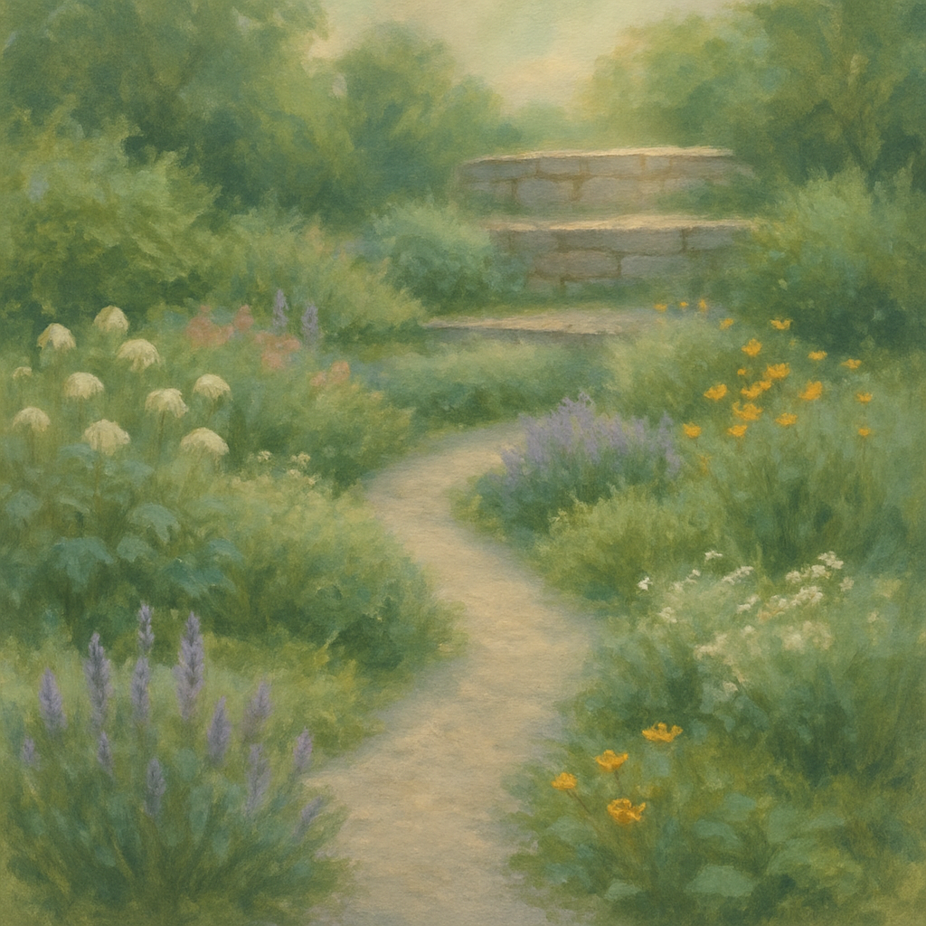 Een Monet-stijl schilderij van een tuin met een grindpad dat door groen kronkelt en een terras van natuursteen. De kleuren zijn zacht en natuurlijk, wat de duurzame elementen benadrukt.