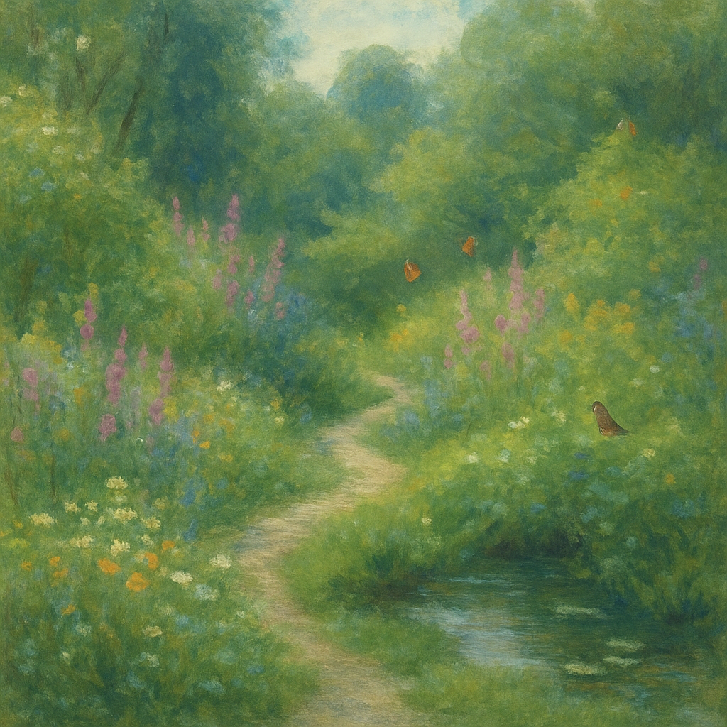 Een impressionistisch schilderij in Monet-stijl van een weelderige, duurzame tuin met inheemse planten, vlinders en vogels, wat een gevoel van natuurlijke harmonie en rust oproept.