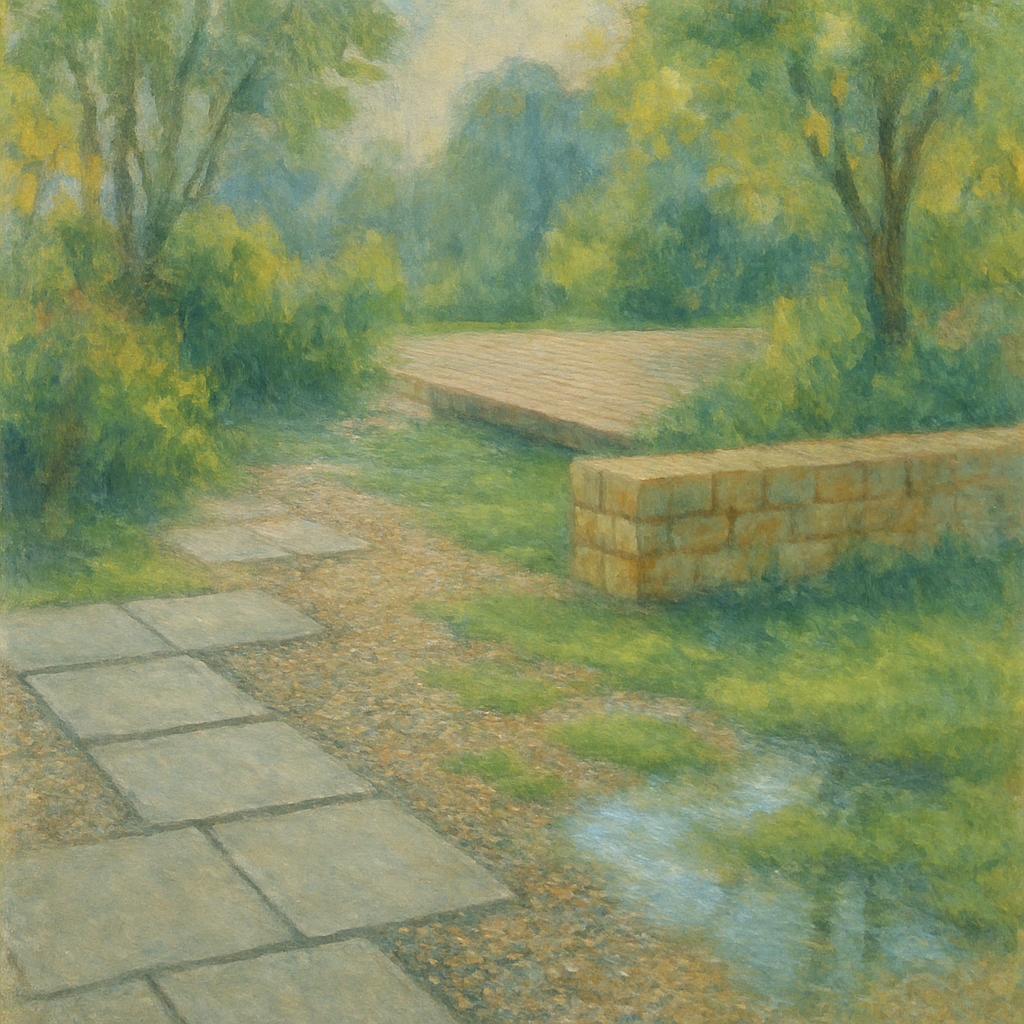 Een Monet-stijl schilderij van een moderne tuin met gerecyclede beton- en baksteenbestrating, waterdoorlatende paden van grind en grastegels, natuursteen en FSC-gecertificeerd hout, omringd door weelderig groen.