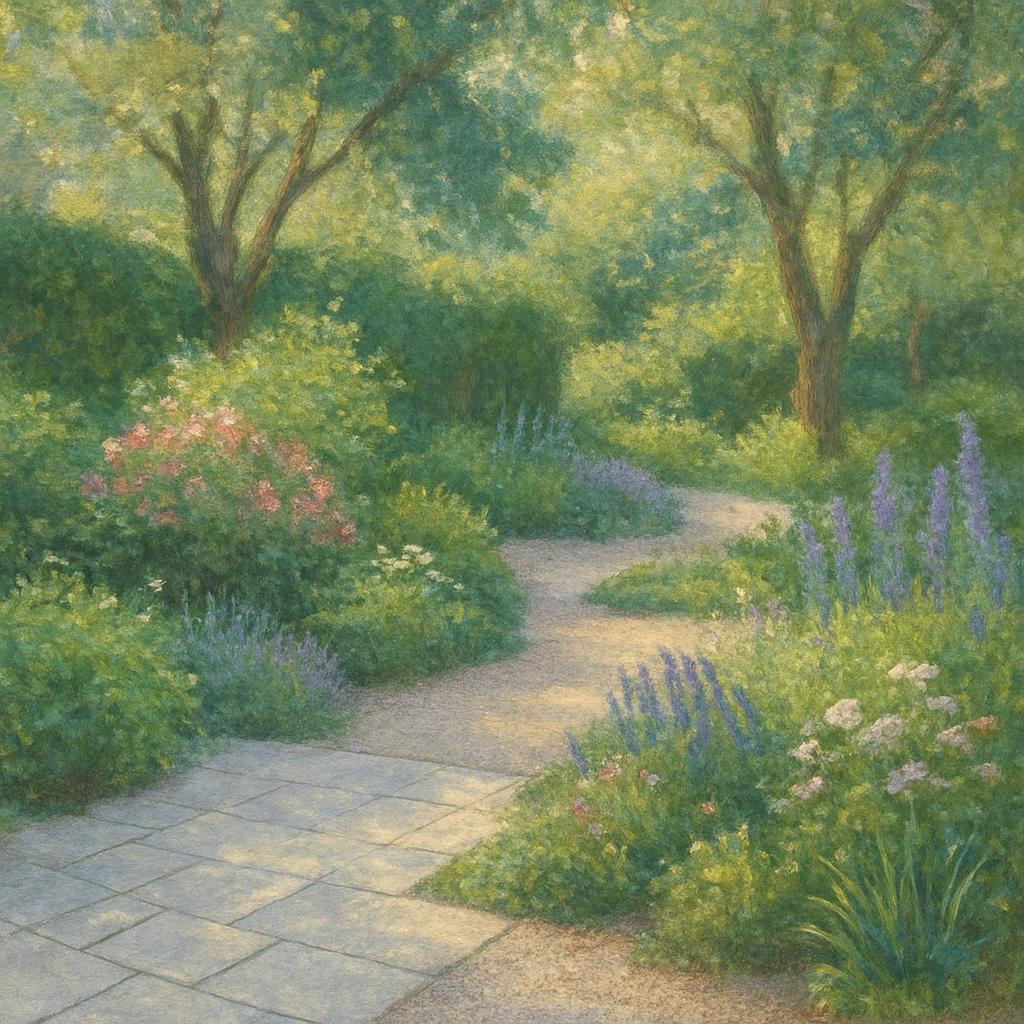 Een schilderij in Monet-stijl van een moderne, duurzame tuin met lichte, waterdoorlatende bestrating, weelderige inheemse planten en zacht zonlicht dat door bomen valt, wat rust en koelte uitstraalt.