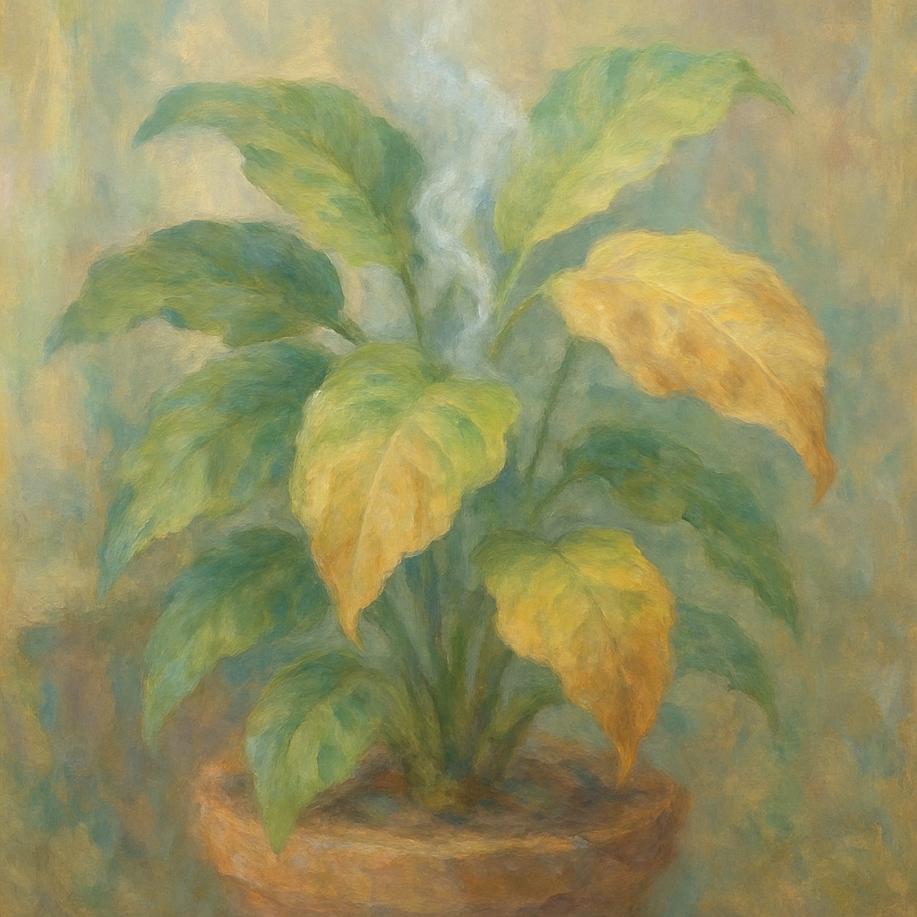 Een impressionistisch schilderij in Monet-stijl van een kamerplant, waarbij de bladeren subtiel verkleuren van levendig groen naar bleek geel en zacht bruin, met een zachte, etherische waas die onzichtbare geuren en texturen suggereert.