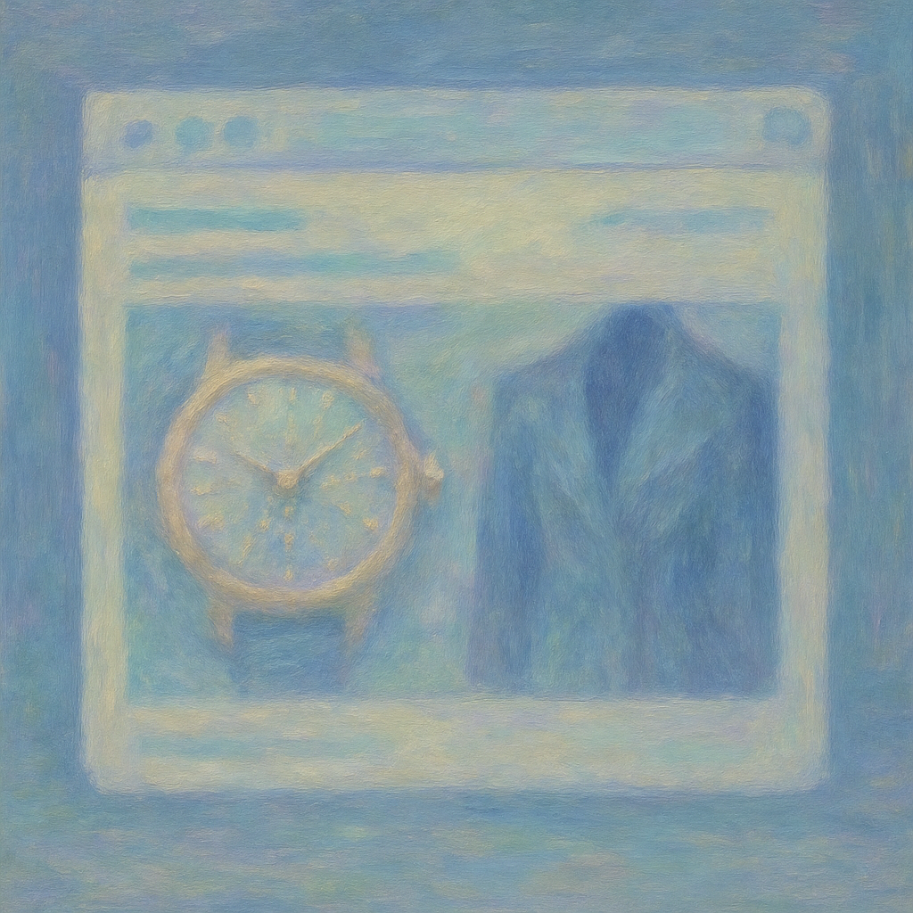 Een Monet-achtig schilderij van een open e-mail in een digitale inbox, waarin abstracte, luxueuze elementen zoals een horlogewijzerplaat en couture-stof worden weergegeven, badend in zacht licht.