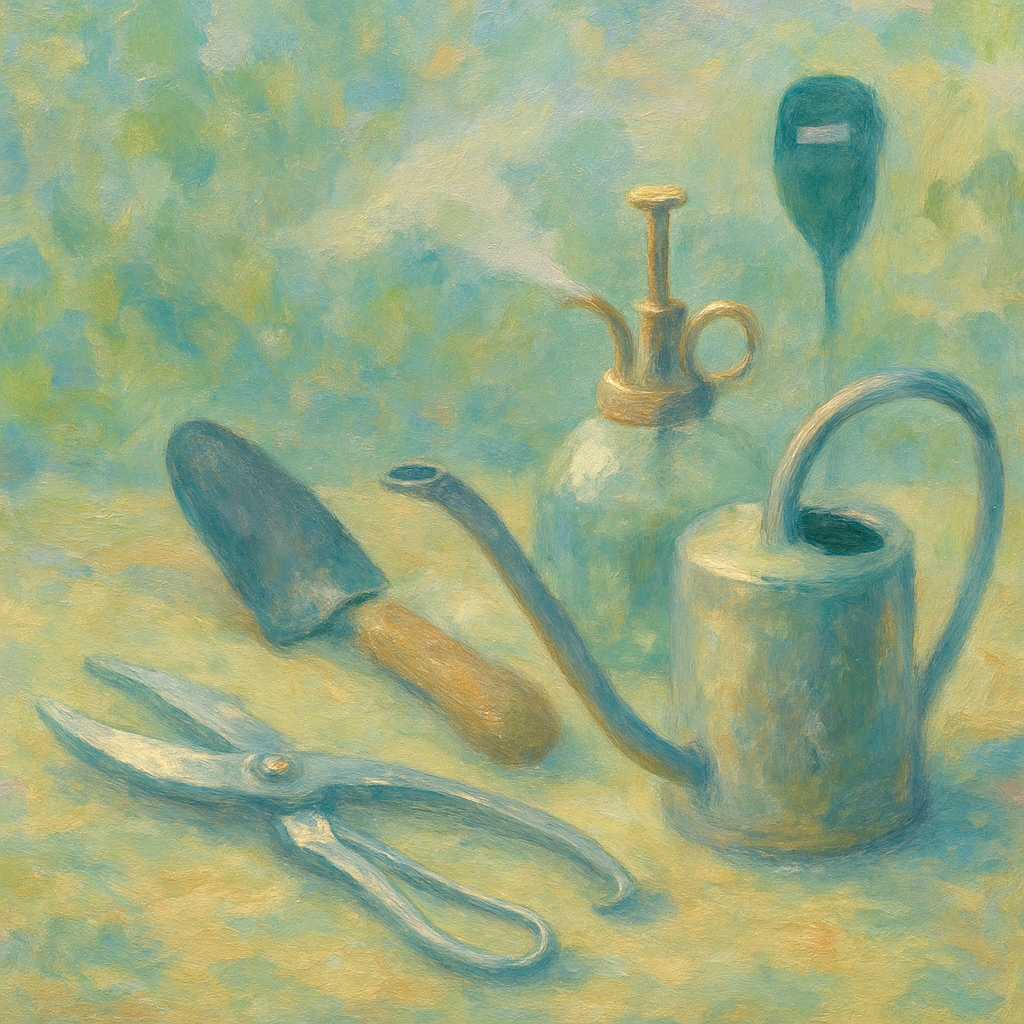 Een impressionistisch schilderij in Monet-stijl van scherpe snoeischaren, een gieter met lange tuit, een schep, een spuitfles en een bodemvochtigheidsmeter, liggend op een zachte ondergrond.