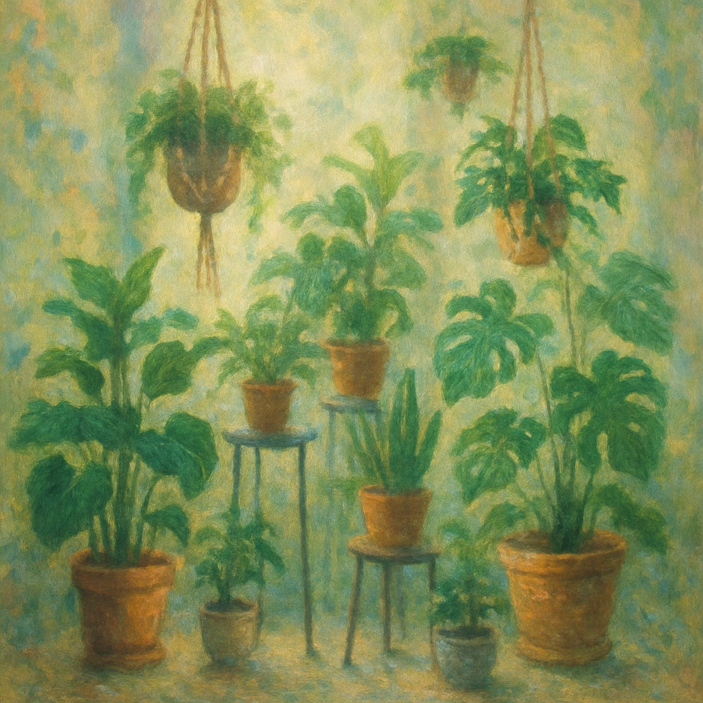 Een Monet-stijl schilderij toont een indoor botanische opstelling. Verschillende groene kamerplanten zijn artistiek gegroepeerd, sommige op elegante stands en andere hangend in macramé houders, wat een serene en gecureerde sfeer creëert.