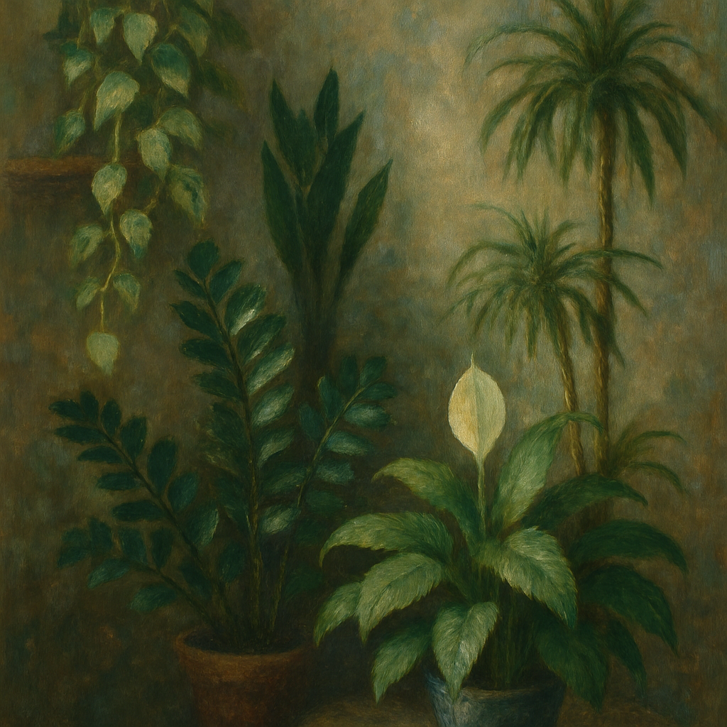 Een Monet-stijl schilderij van een donkere kamerhoek gevuld met verschillende weelderige kamerplanten zoals Sansevieria, ZZ-plant, Scindapsus, Lepelplant en Dracaena. Zacht licht valt op het groene blad, wat een rustige sfeer creëert.