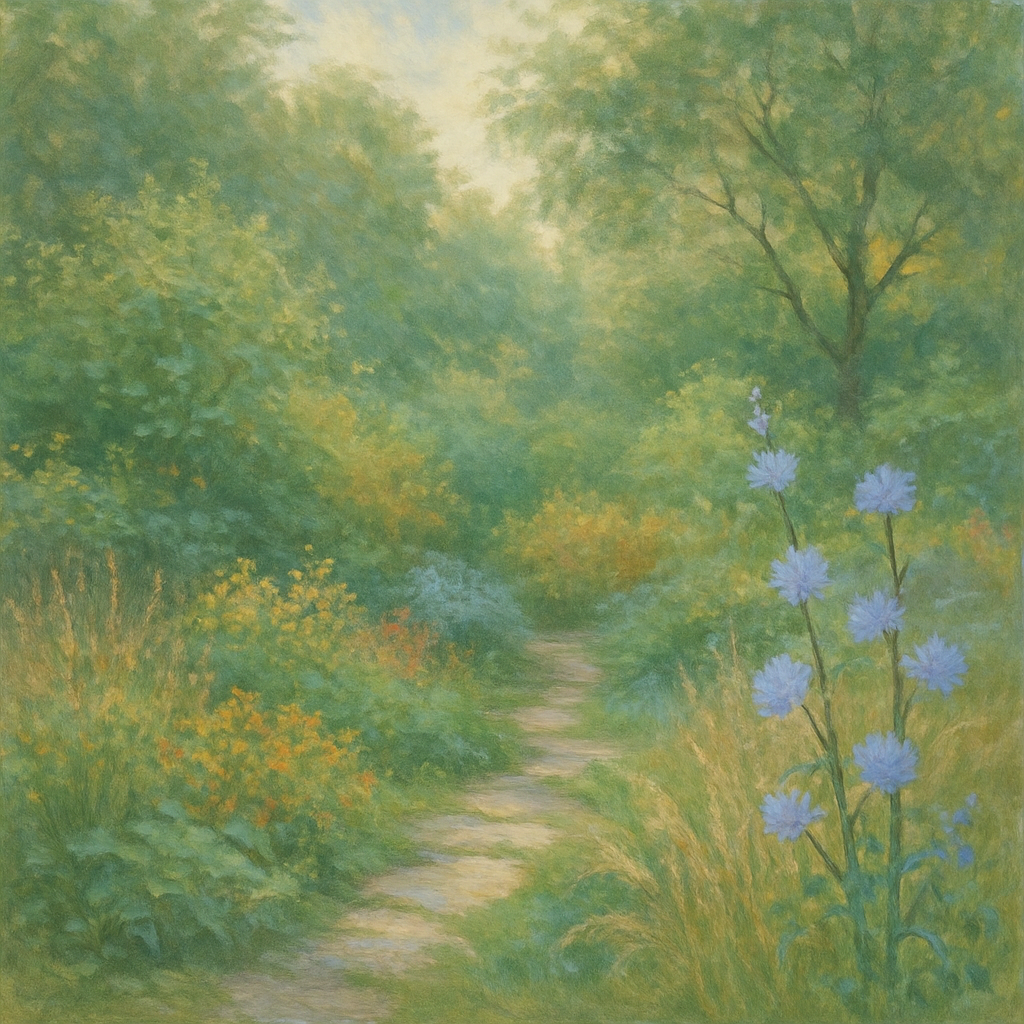 Een impressionistisch schilderij in Monet-stijl van een rustige inheemse tuin, met verschillende lagen Nederlandse planten zoals grassen, struiken en kleine bomen. Een kronkelend stenen pad is subtiel zichtbaar. Zacht licht en schaduw spelen over het groene en bloeiende landschap.