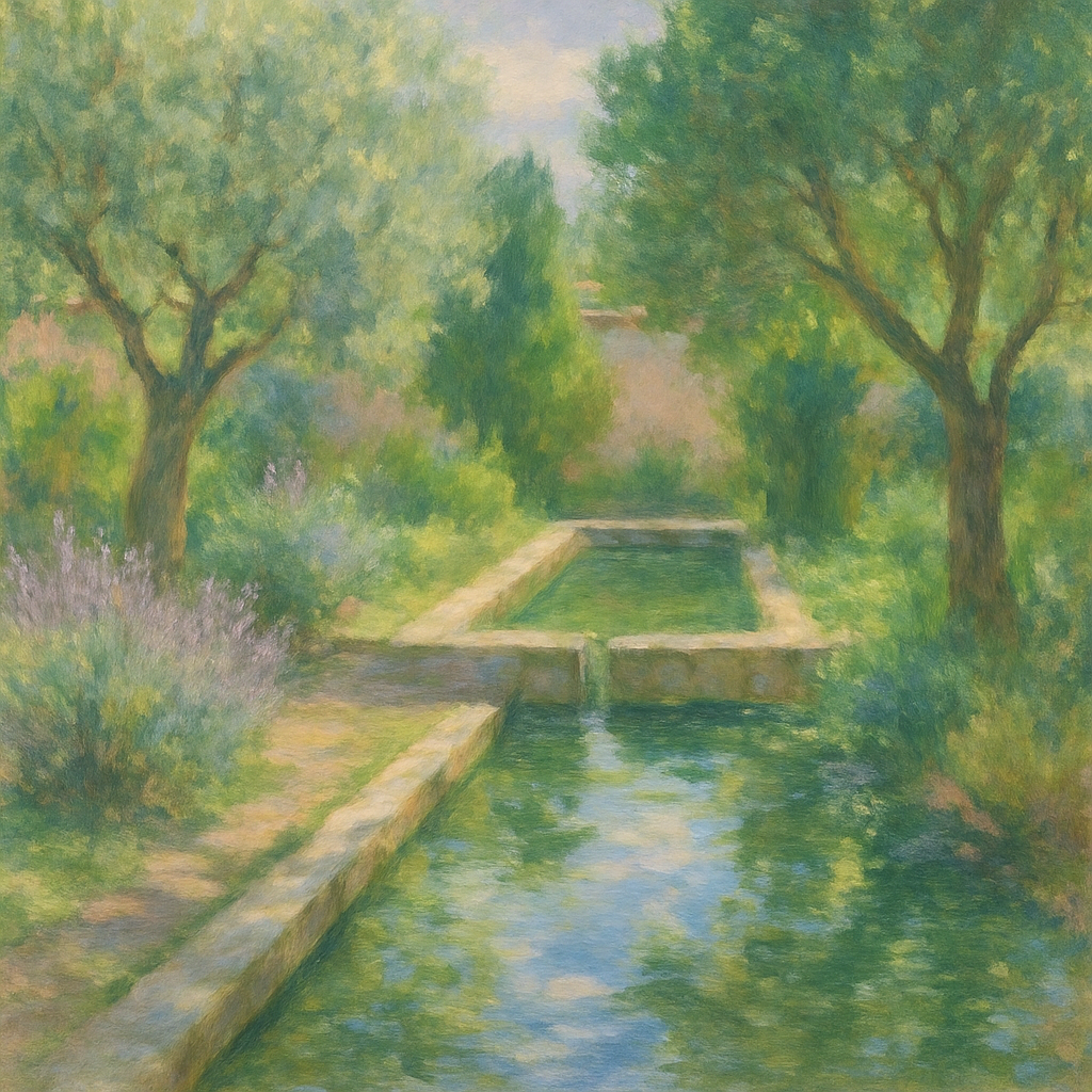 Een impressionistisch schilderij in Monet-stijl van een historische mediterrane tuin met een rustige vijver of waterkanaal, omringd door weelderige, waterzuinige planten en zacht zonlicht.