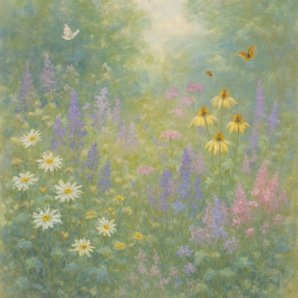 Een impressionistisch schilderij in de stijl van Monet, waarop een weelderige inheemse tuin te zien is met diverse bloeiende planten en een aantal rondvliegende bijen en vlinders.