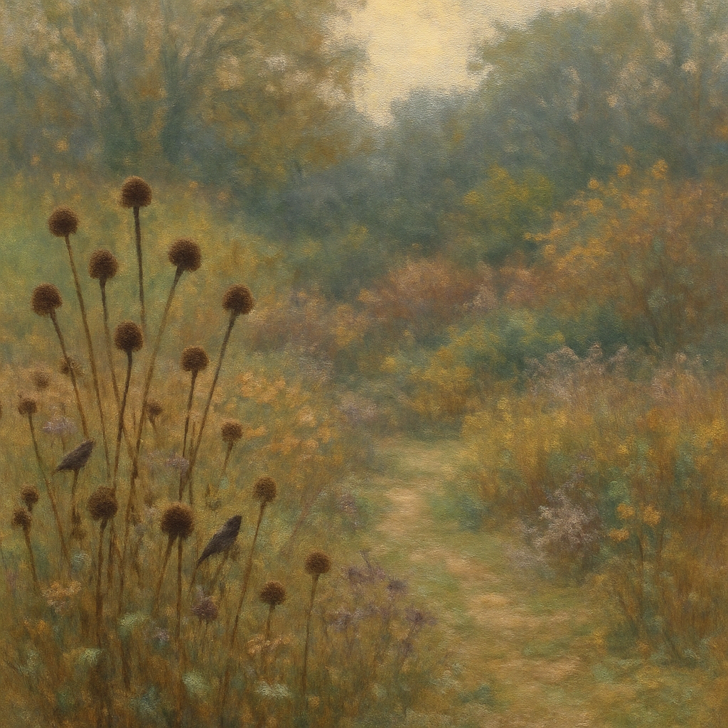 Een Monet-achtig schilderij van een rustige, gevestigde inheemse tuin in de herfst. Droge zaadhoofden en grassen staan op de voorgrond. In de verte zijn bloeiende inheemse planten en bomen te zien, in zachte herfsttinten. Er is een gevoel van natuurlijke harmonie en minimalisme.