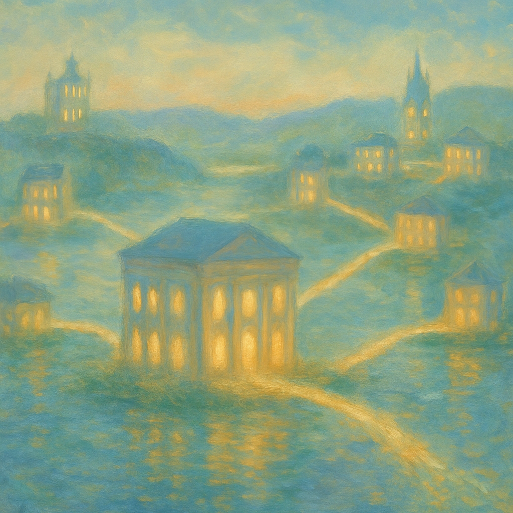 Een Monet-stijl schilderij van een centraal, elegant gebouw dat via gloeiende lichtpaden verbonden is met kleinere, diverse gebouwen in een zacht landschap, wat het concept van linkbuilding en websitenetwerken illustreert.