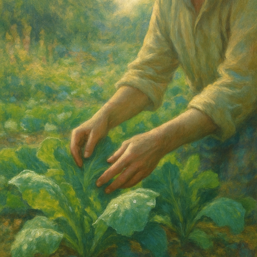 Een Monet-stijl schilderij van handen die zachtjes bladeren van jonge moestuinplanten verzorgen, met op de achtergrond een onscherpe tuin.