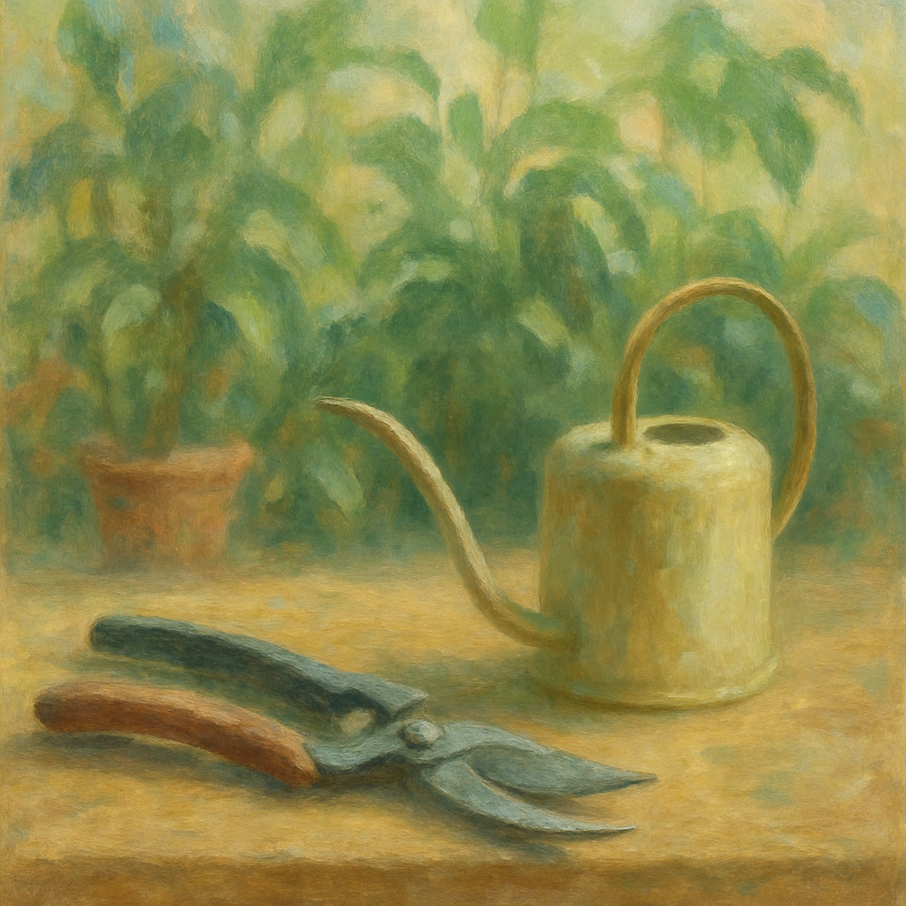 Een Monet-stijl schilderij van een paar scherpe snoeischaren en een kleine gieter, rustend op een houten oppervlak, met een wazige achtergrond van weelderige groene kamerplanten.