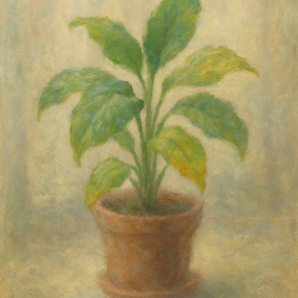 Een Monet-stijl schilderij van een kamerplant met enkele bladeren die licht verkleuren, wat duidt op een onzichtbare aandoening, in een zachte, dromerige sfeer.