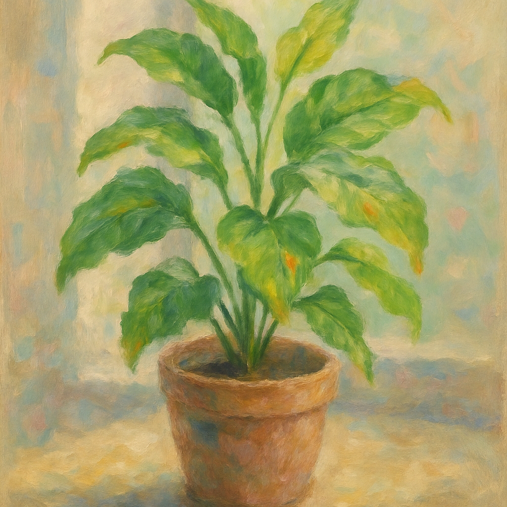 Een Monet-stijl schilderij van een groene kamerplant met enkele bladeren die licht geel of bruin verkleurd zijn, geplaatst in een zonnige, minimalistische kamer.