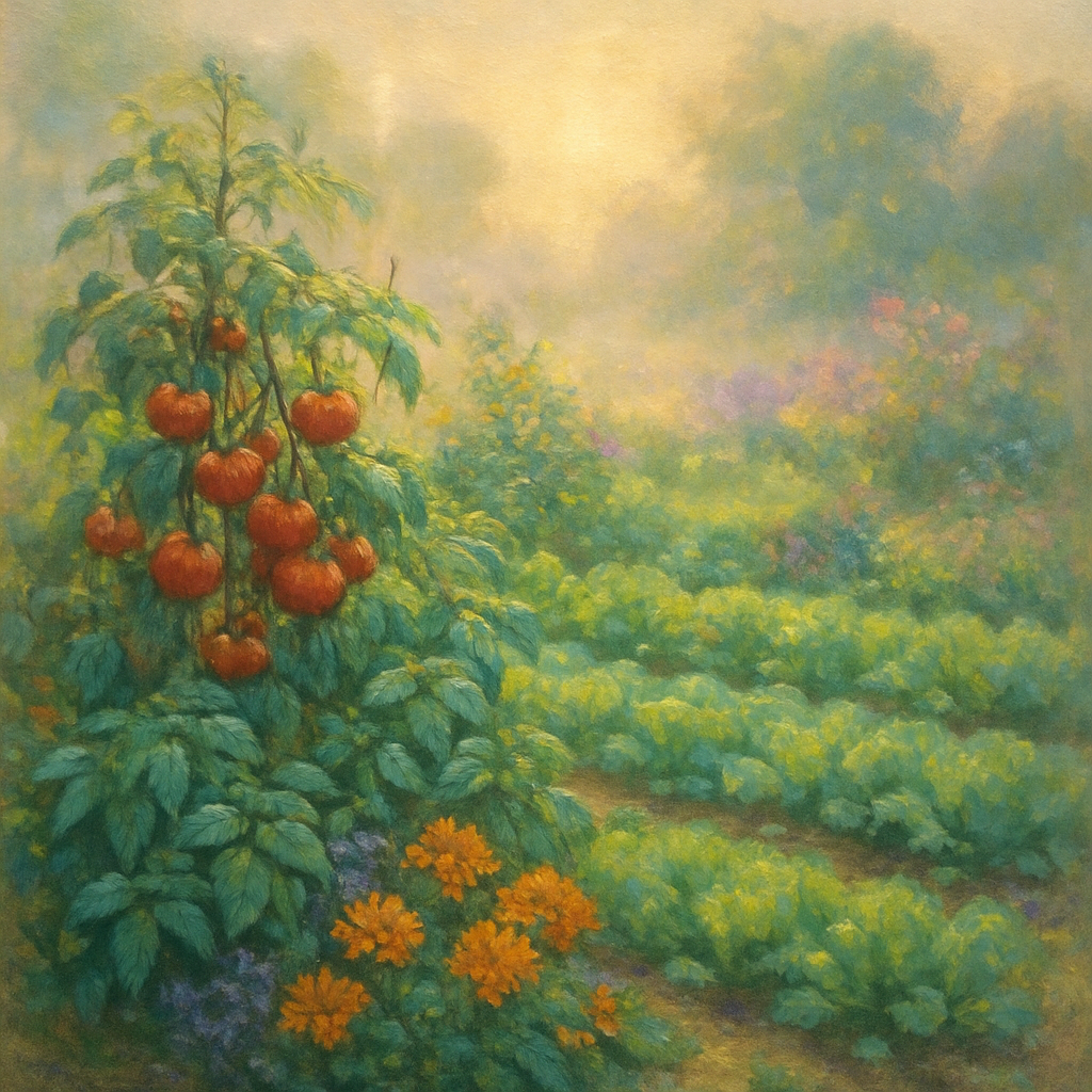 Een Monet-stijl schilderij van een diverse, bloeiende biologische moestuin bij zonsopgang, met tomaten, basilicum, marigolds en bladgroenten, badend in zacht goudkleurig licht.