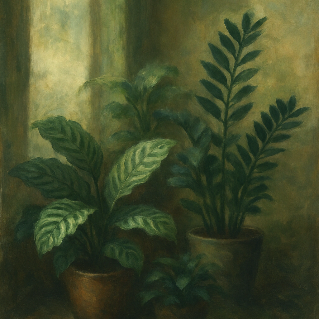 Een Monet-stijl schilderij van diverse kamerplanten met donkergroene bladeren, zoals een Calathea en een Zamioculcas, in potten in een zacht verlichte binnenhoek. Het beeld straalt rust uit en toont de esthetische schoonheid van planten die gedijen in de schaduw.