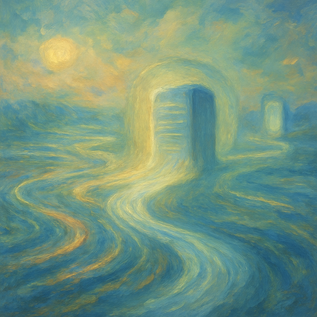 Een impressionistisch schilderij in Monet-stijl dat etherische zoekwoordpaden en een centraal, snel en veilig ogend digitaal knooppunt afbeeldt, wat de synergie tussen zoekwoorden en technische SEO symboliseert.