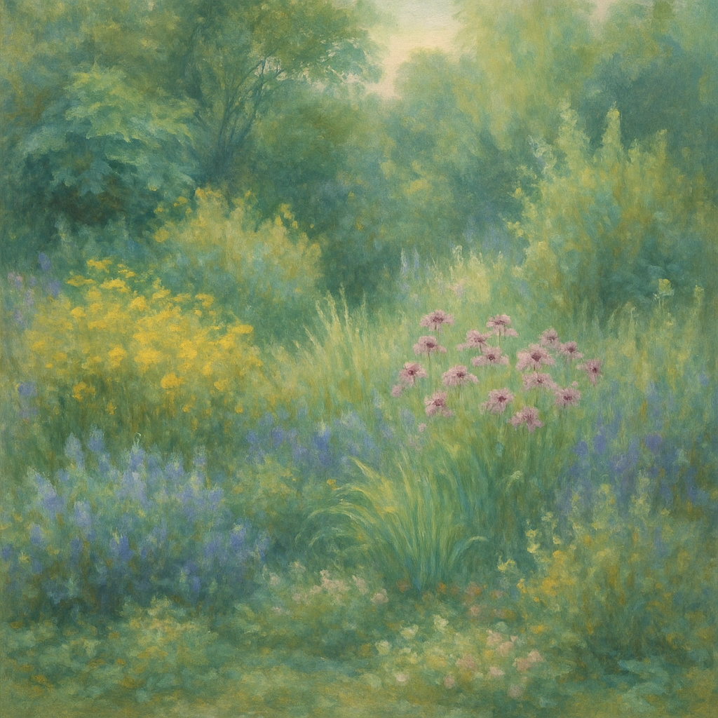 Schilderij in Monet-stijl van een duurzame tuin, met diverse inheemse en droogtetolerante planten gerangschikt in zichtbare lagen, van hoge struiken tot bodembedekkers, baadt in zacht natuurlijk licht.