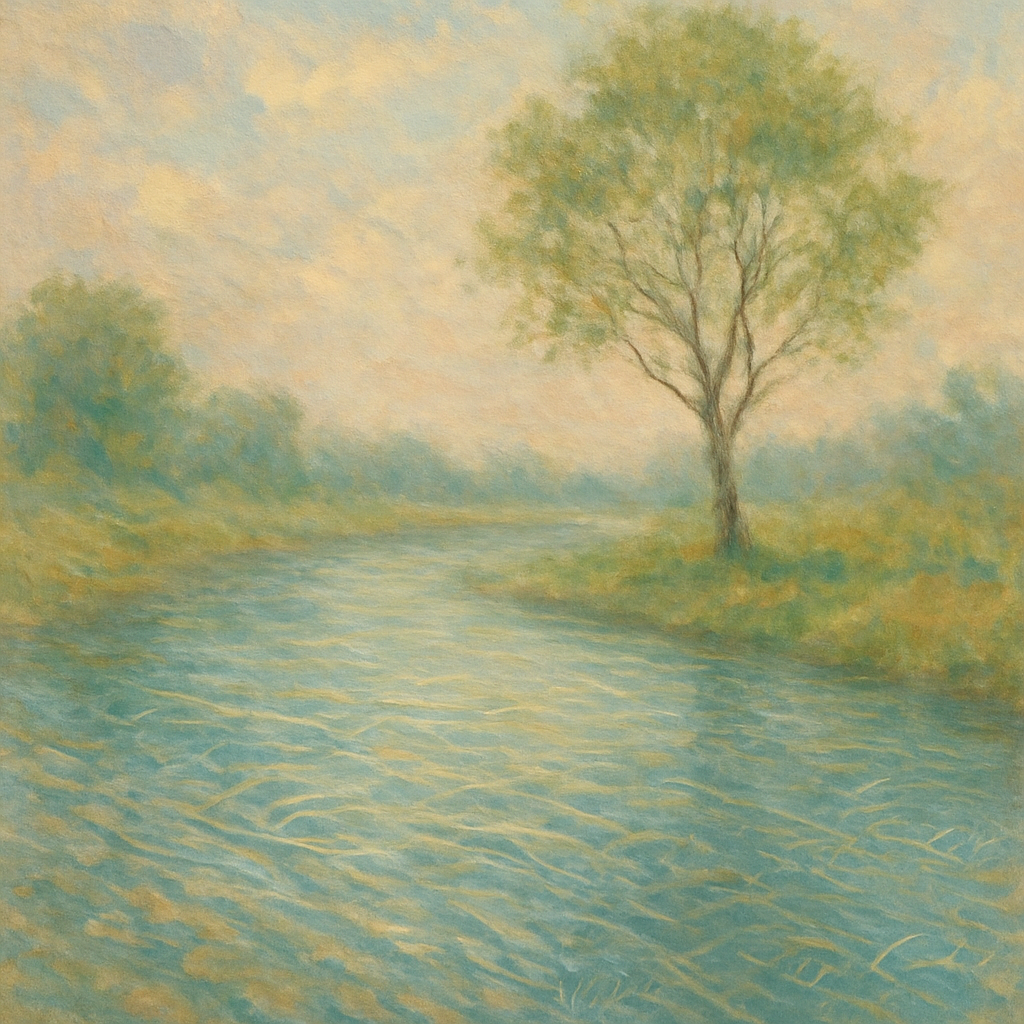 Een impressionistisch schilderij in Monet-stijl van een rustige rivier met subtiele digitale datapatronen, een elegante boom die groei symboliseert, onder een zachte lucht, alles duidend op continue optimalisatie en adaptatie.
