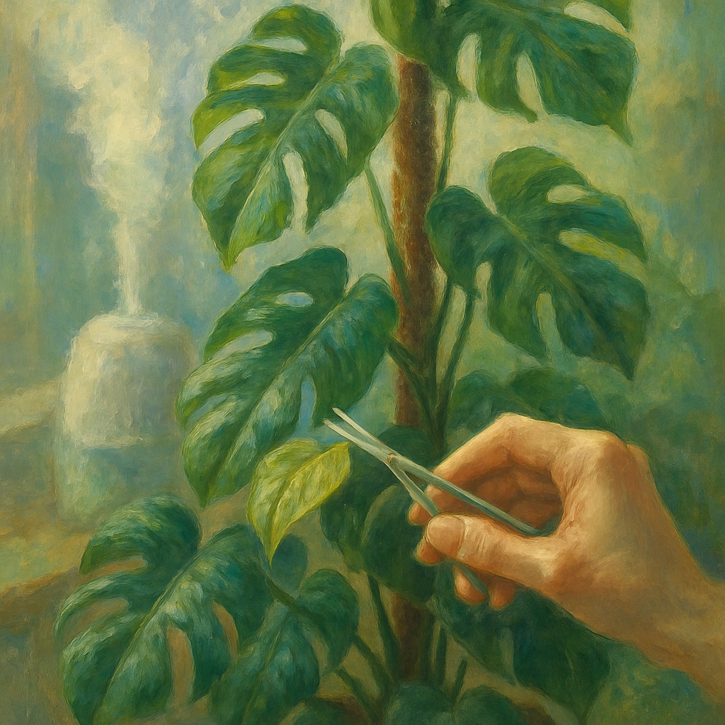 Een Monet-achtig schilderij van een weelderige, klimmende plant met een mosstok, een delicate hand die met een precisie-schaartje een klein blad snoeit, en de zachte nevel van een luchtbevochtiger op de achtergrond.
