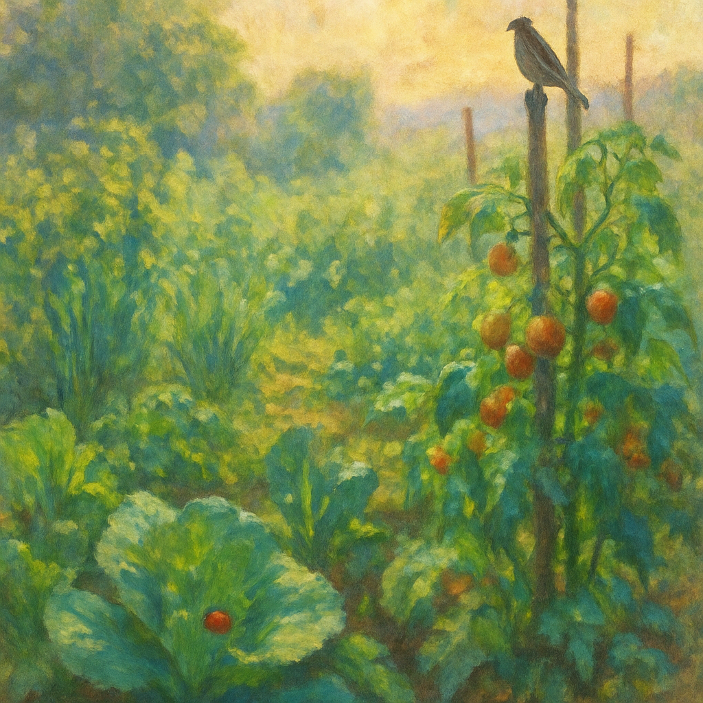 Schilderij in Monet-stijl van een rustige, bloeiende moestuin bij zonsopgang. Een lieveheersbeestje op een blad en een vogel op een stok symboliseren natuurlijke plaagbestrijding en een gezond ecosysteem.