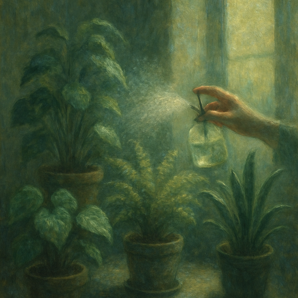 Monet-stijl schilderij van een hand die voorzichtig een kamerplant besproeit in een rustige, schaduwrijke hoekkamer, vol met groene planten in aardewerken potten.