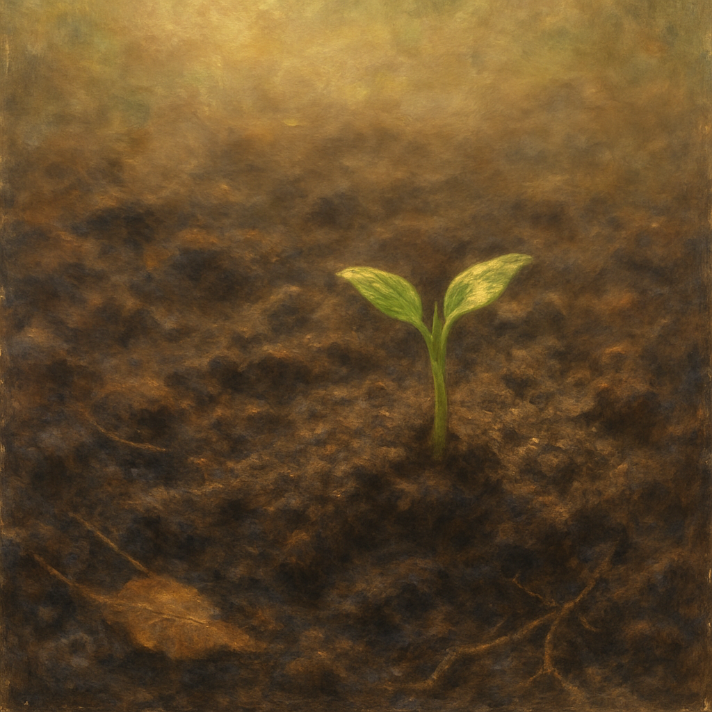 Een Monet-stijl schilderij van donkere, rijke tuinaarde met subtiele organische texturen en een klein groen spruitje dat eruit groeit, badend in zacht zonlicht.
