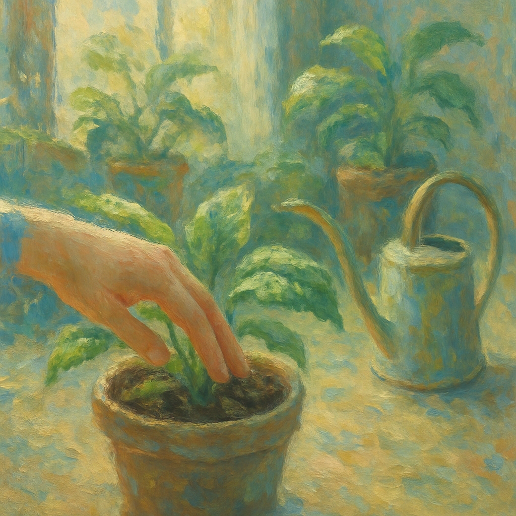 Een Monet-stijl schilderij toont een hand die de vochtigheid van de potgrond controleert, planten badend in zacht, indirect zonlicht, en een elegante gieter, allemaal in een dromerige, impressionistische stijl.