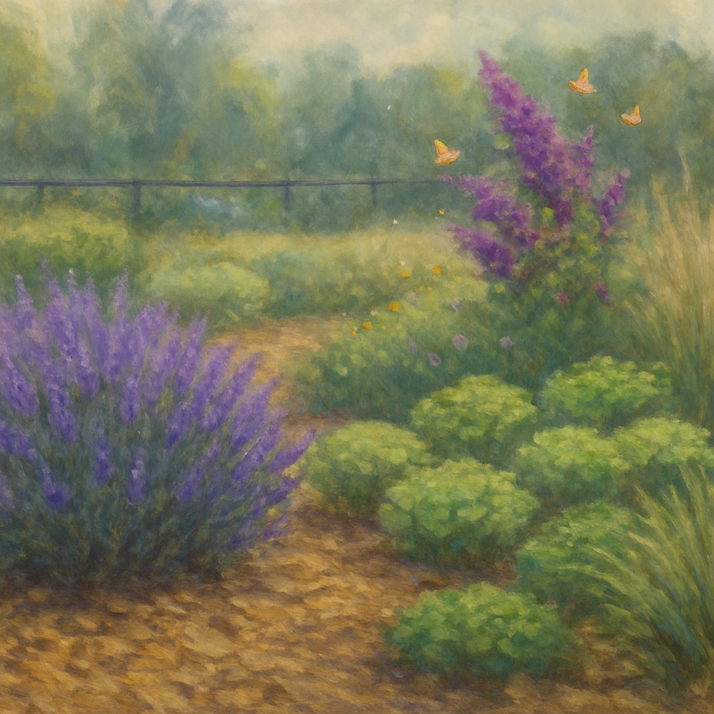 Een impressionistisch schilderij in Monet-stijl van een water-wijze tuin met lavendel, sedum en siergrassen, geordend in hydrozones en bedekt met mulch.