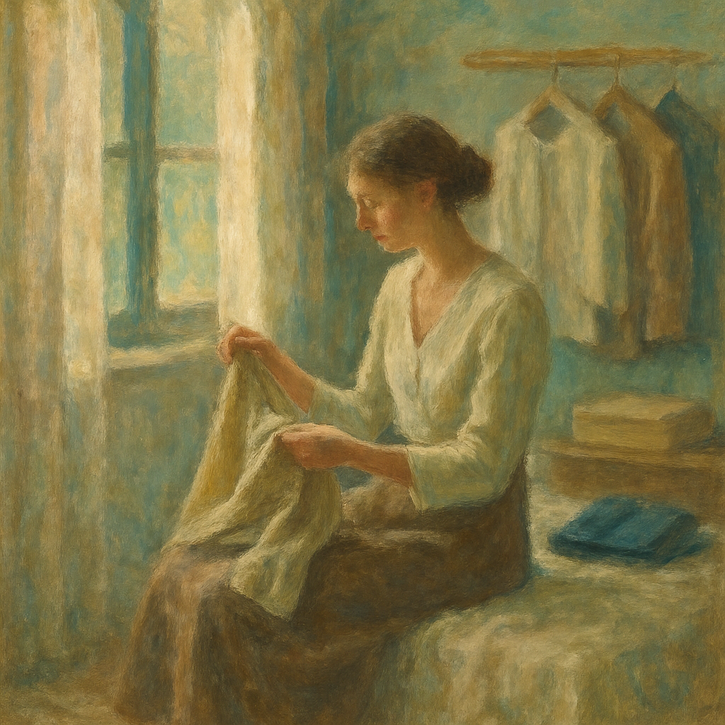 Een impressionistisch schilderij in Monet-stijl van een vrouw die in een serene, natuurlijk verlichte kamer een zorgvuldig gekozen kledingstuk bekijkt. Achter haar is een minimalistische kledingcollectie te zien, wat de focus op kwaliteit en bewuste consumptie symboliseert.