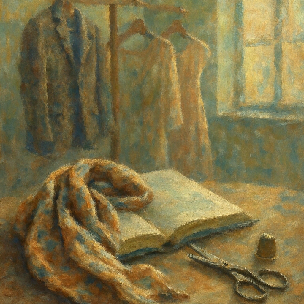 Een Monet-achtig schilderij van een rustig atelier. Een vintage sjaal ligt over een boek, naast tailoring gereedschap. Op een rek hangen enkele unieke kledingstukken, verlicht door zacht zonlicht, wat duidt op duurzame modekeuzes en vakmanschap.