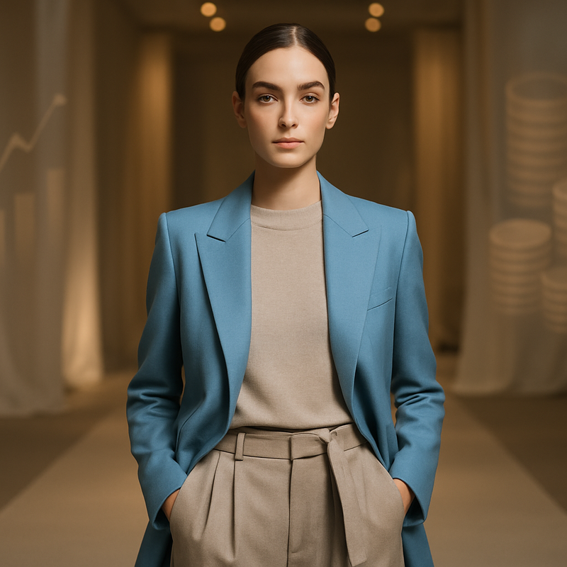 Persoon in elegante blauwe en neutrale mode, met een rustige en betrouwbare uitstraling