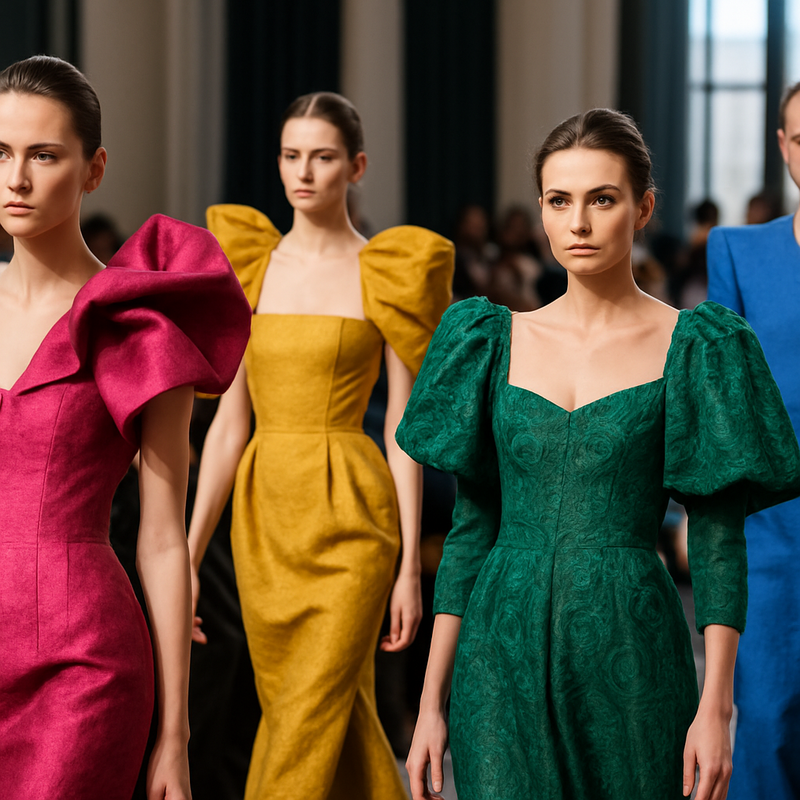 Modellen in luxe couture en statement pieces op een modeshow, illustratie van nieuwe dresscode trends