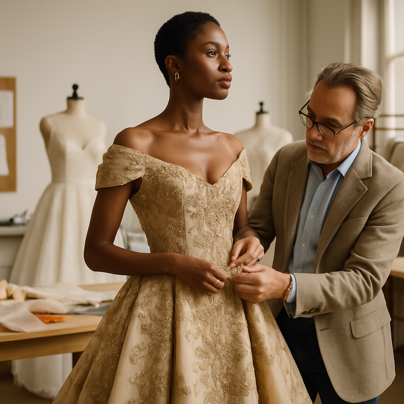 Atelier met naaister bezig met maatwerk couture jurk op diverse model