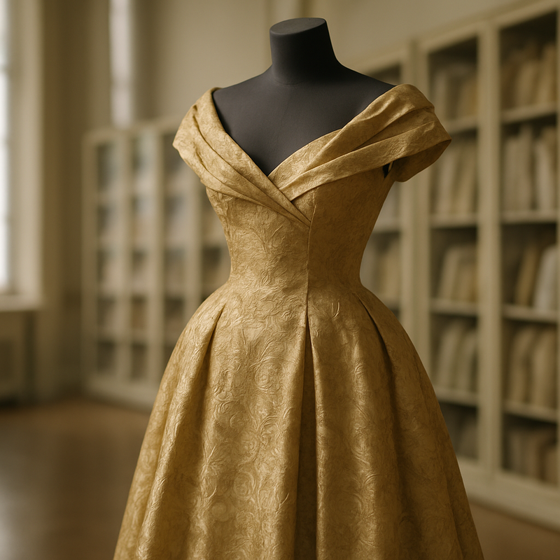 Vintage haute couture jurk uit archief tentoongesteld in museumomgeving